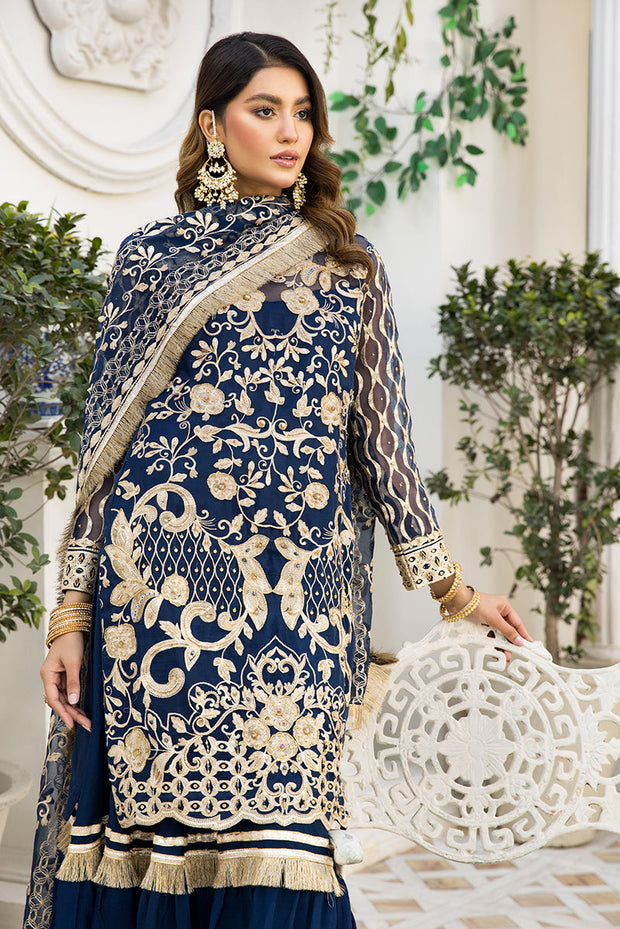 Latest Elegant Farshi Gharara with Kameez in Blue Shade – Nameera by Farooq