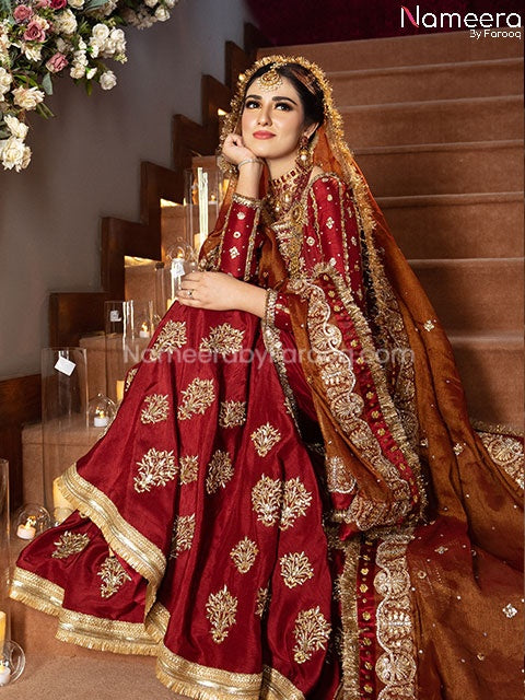 Buy Latest Elegant Pakistani Maroon Wedding Dress Online 2021 Nameera By Farooq 9664