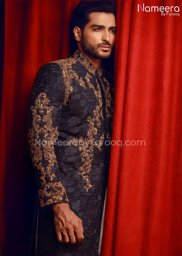 Buy Embroidered Mens Sherwani in Navy Blue Color Online – Nameera by Farooq