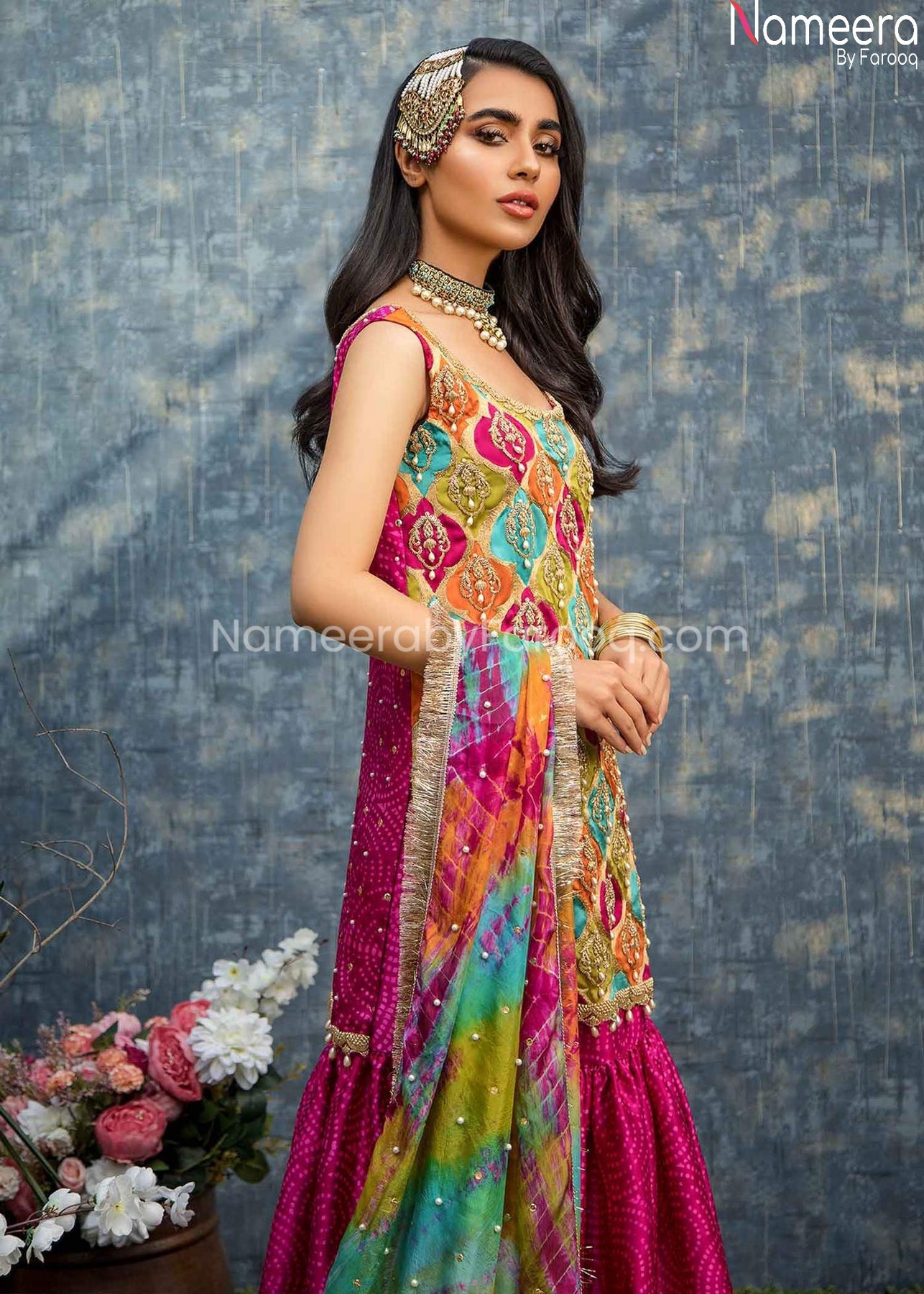 Pakistani Bridal Mehndi Gharara With Short Kurti Online 2021 Nameera By Farooq 0540