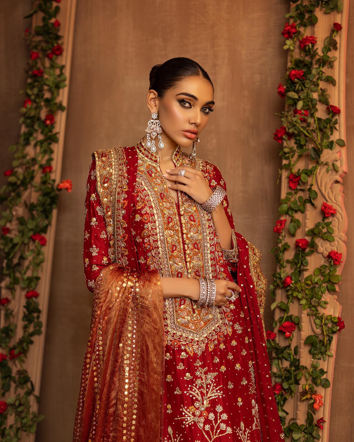 Farshi Gharara With Embellished Red Kameez And Dupattan Nameera By Farooq 