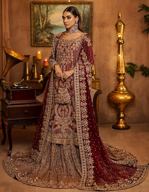 Farshi Lehenga Kameez Deep Red Bridal Dress Pakistani#N#– Nameera by Farooq