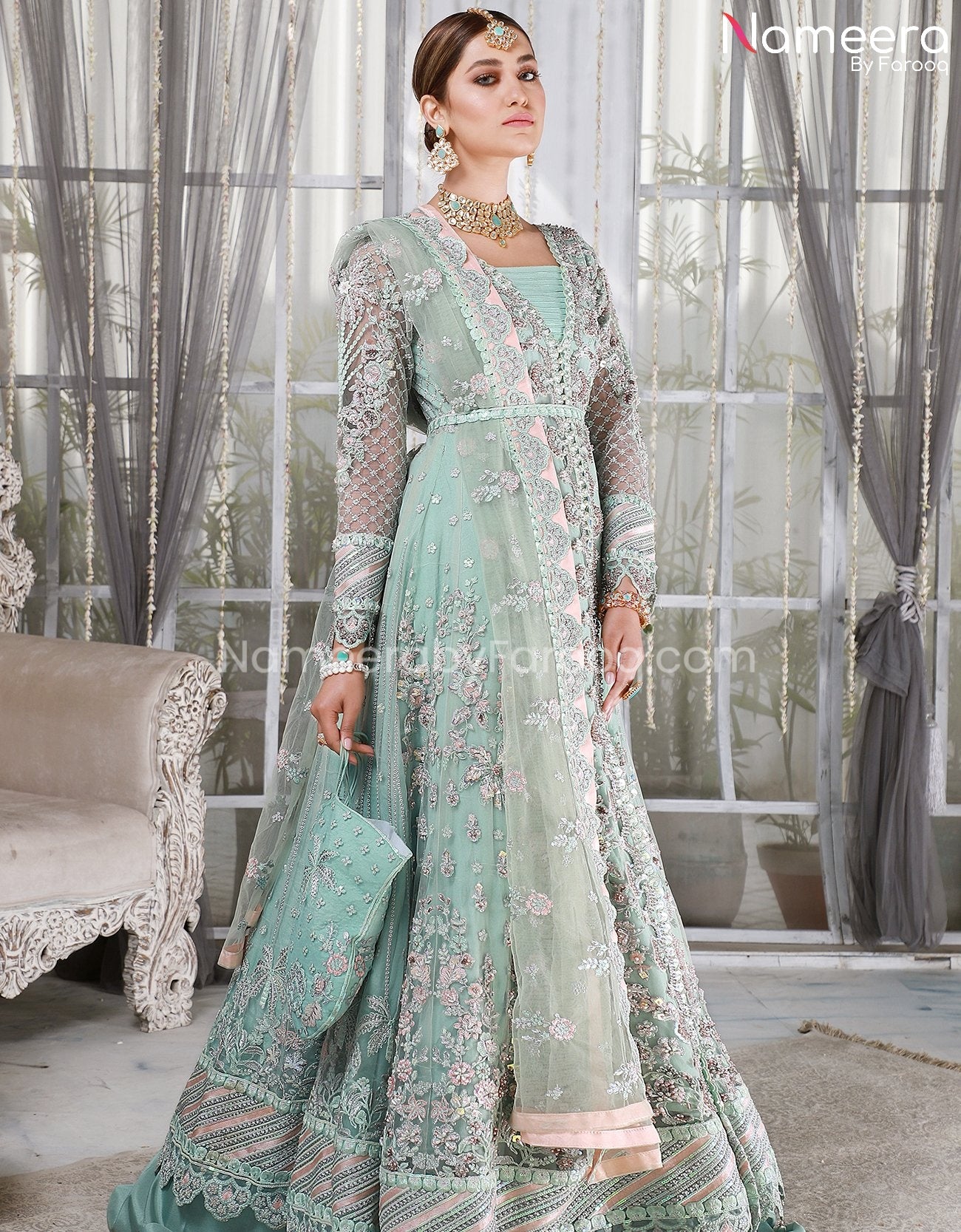 Embroidered Sky Blue Dress Pakistani In Net Fabric Online Nameera By Farooq 