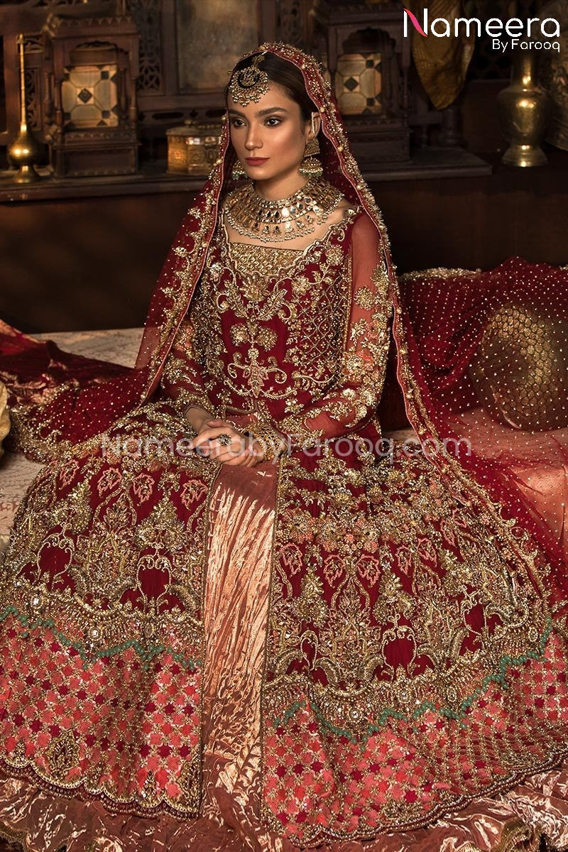 Lavish Lehenga With Frock In Red Pakistani Bridal Dress Nameera By Farooq 5566