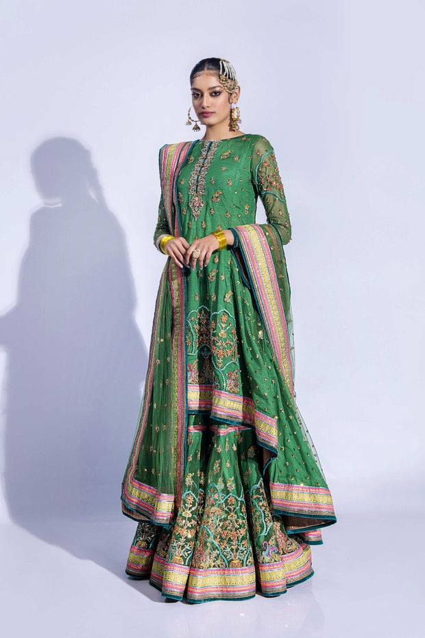 Gharara Kameez Dupatta Green Pakistani Mehndi Dress Nameera By Farooq 1437