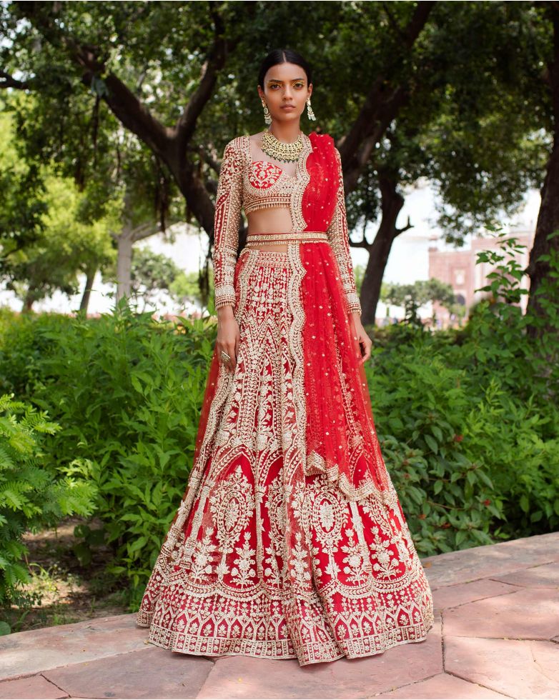 Golden Bridal Lehenga With Red Dupatta Pakistani Wedding Dresses Nameera By Farooq 7329