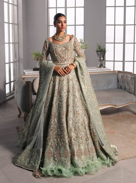 Gown Style Pakistani Bridal Dress in Mint Green Color – Nameera by Farooq