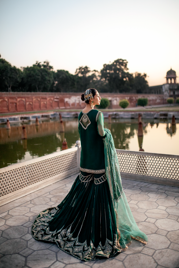 Green Farshi Gharara Shirt Pakistani Mehndi Dresses – Nameera by Farooq