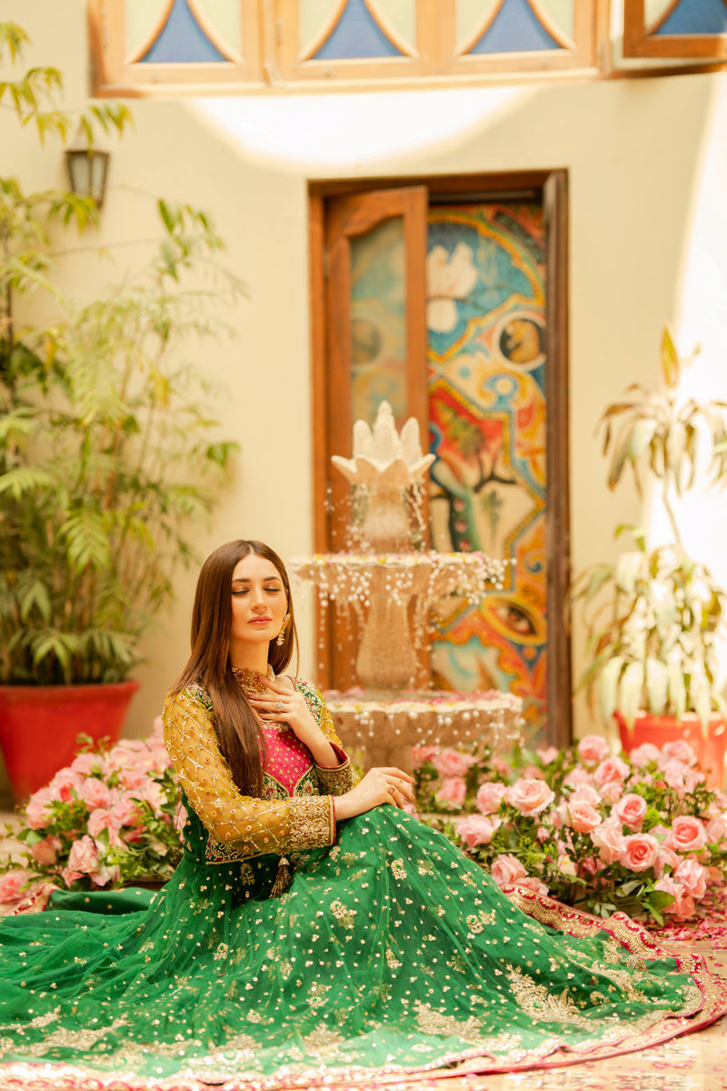 Green Pishwas Frock And Lehenga Pakistani Bridal Dress Online Nameera By Farooq 