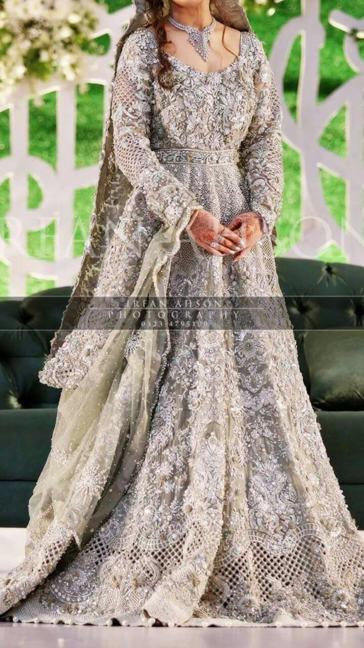 Pakistani Bridal Maxi With Dabka Zari Nakshi In Dull Silver Nameera By Farooq 6439