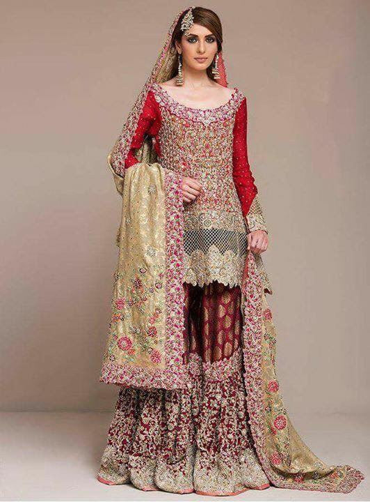 Dulhan red golden and maroon lahna with dabka nagh zari and cut work M ...