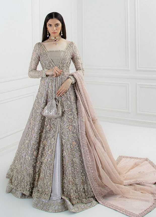 Indian Grey Gown Lehenga Chunni Bridal Dress for Walima – Nameera by Farooq