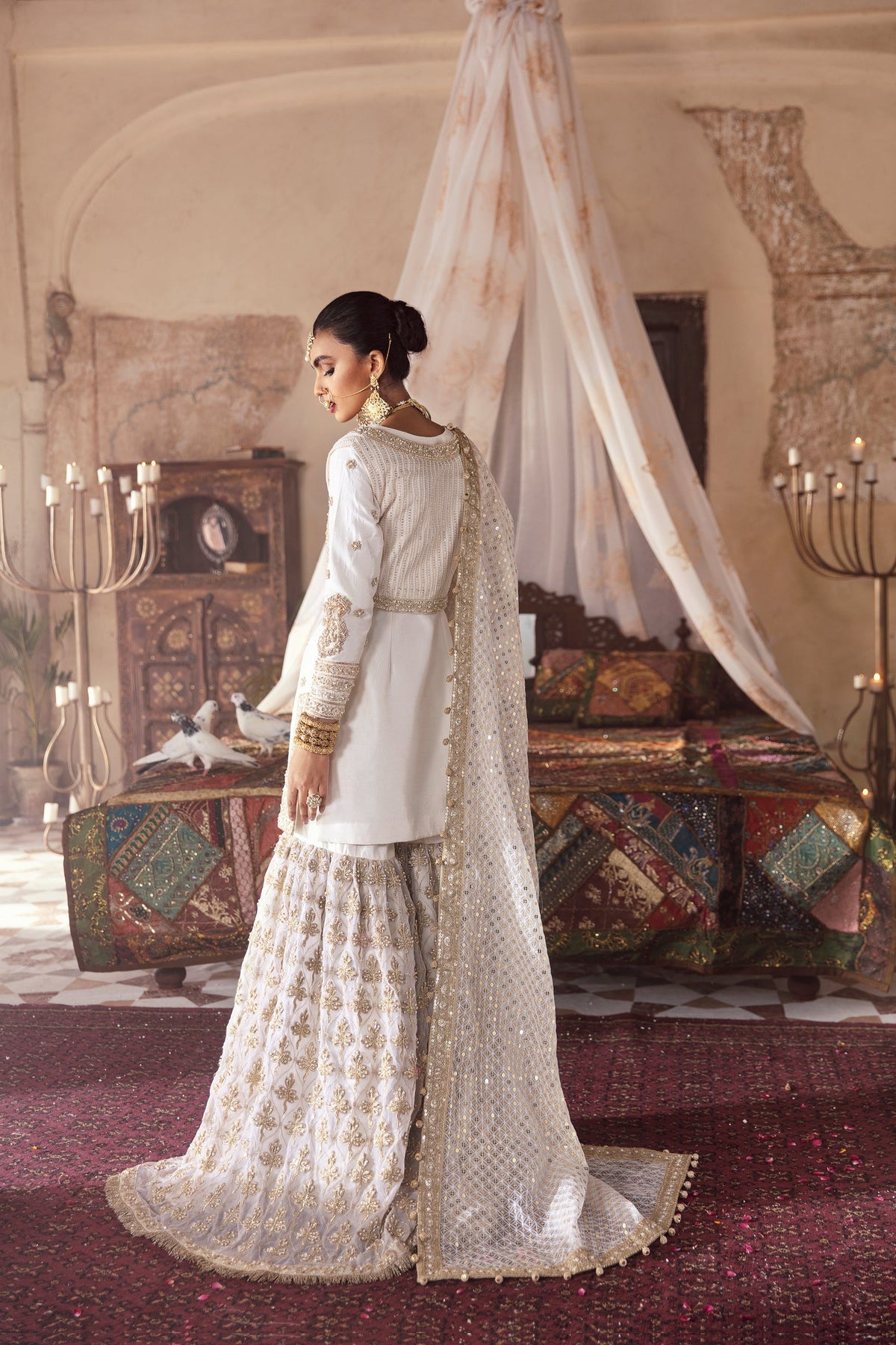 Indian Ivory Raw Silk Gharara Shirt Bridal Dress For Nikkah Nameera By Farooq 0896