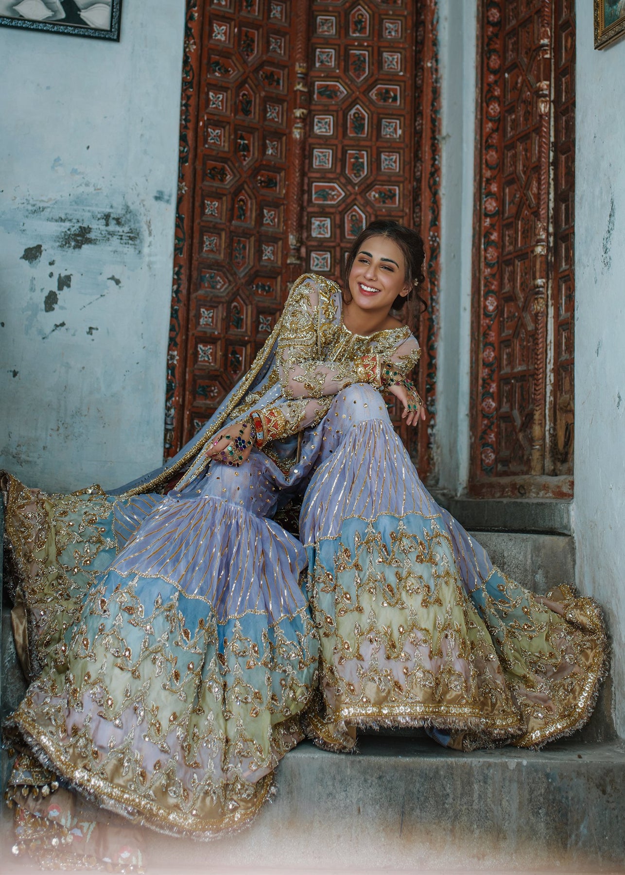 Indian Gharara Dress For Wedding Wear In Blue Color Nameera By Farooq 