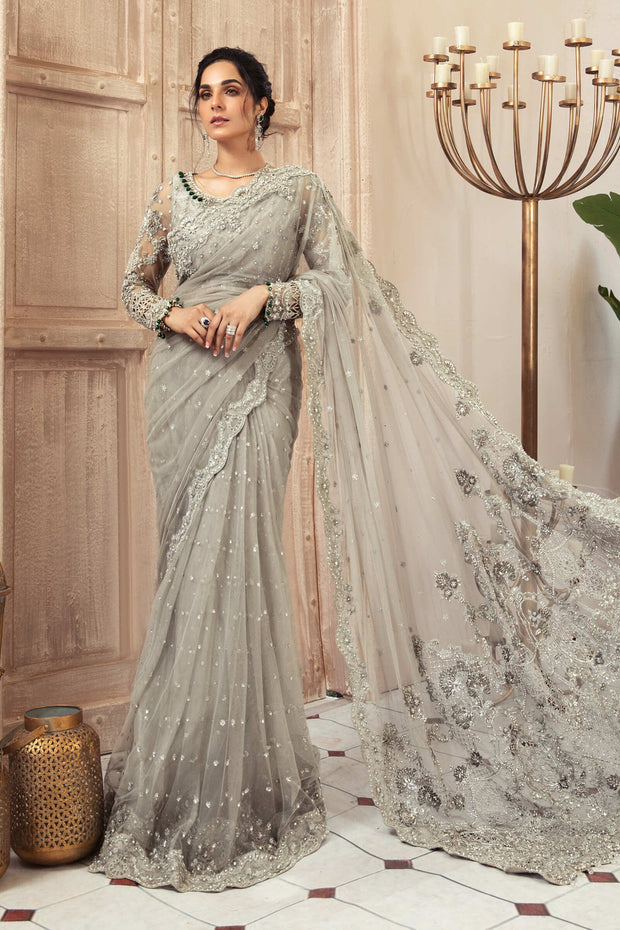 Fancy Grey Color Silk Base Sequins Work Saree With Contrast Blouse