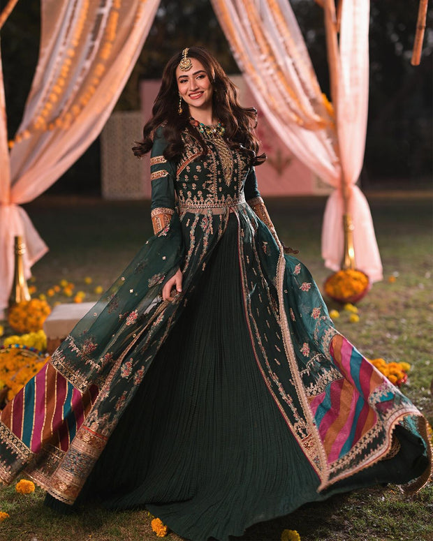 Green Lehenga with Open Gown Pakistani Mehndi Dress – Nameera by Farooq