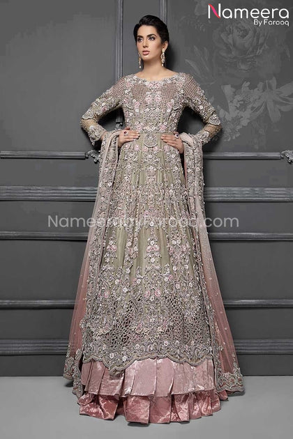 Latest Pakistani Bridal Frock in Grey Pink Color Online – Nameera by Farooq