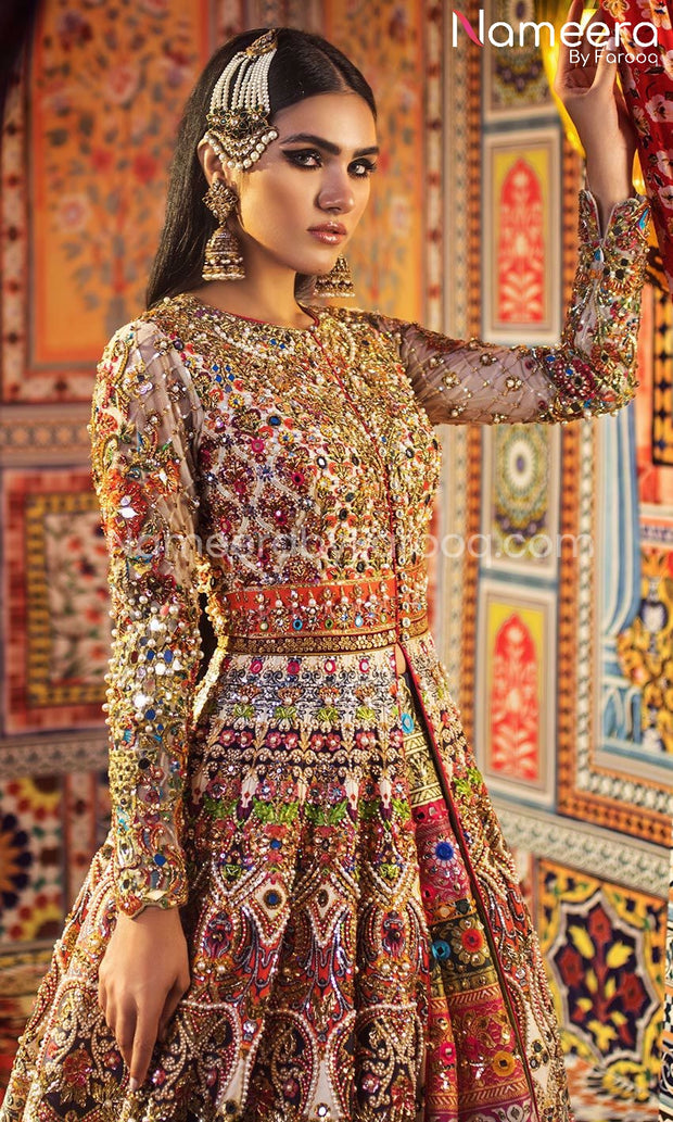 Vibrant Pakistani Bridal Frock With Multi Colored Embroidery – Nameera