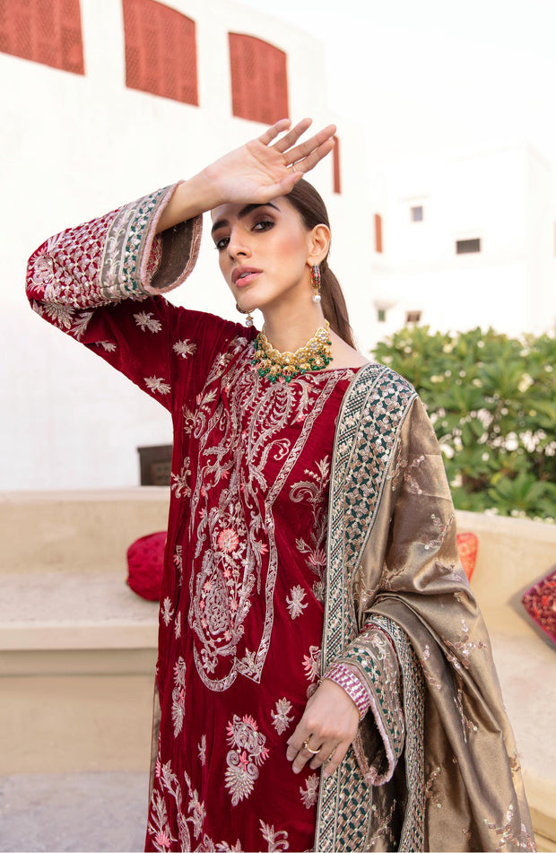Latest Pakistani Red Dress in Velvet by Designer Online – Nameera by Farooq