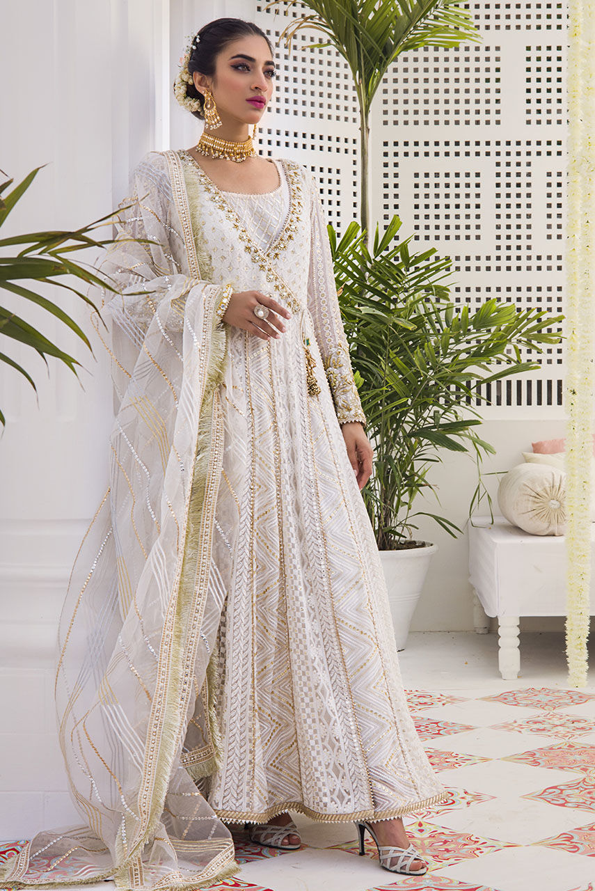 Latest White Chiffon Angrakha Pakistani Dress for Nikkah – Nameera by ...