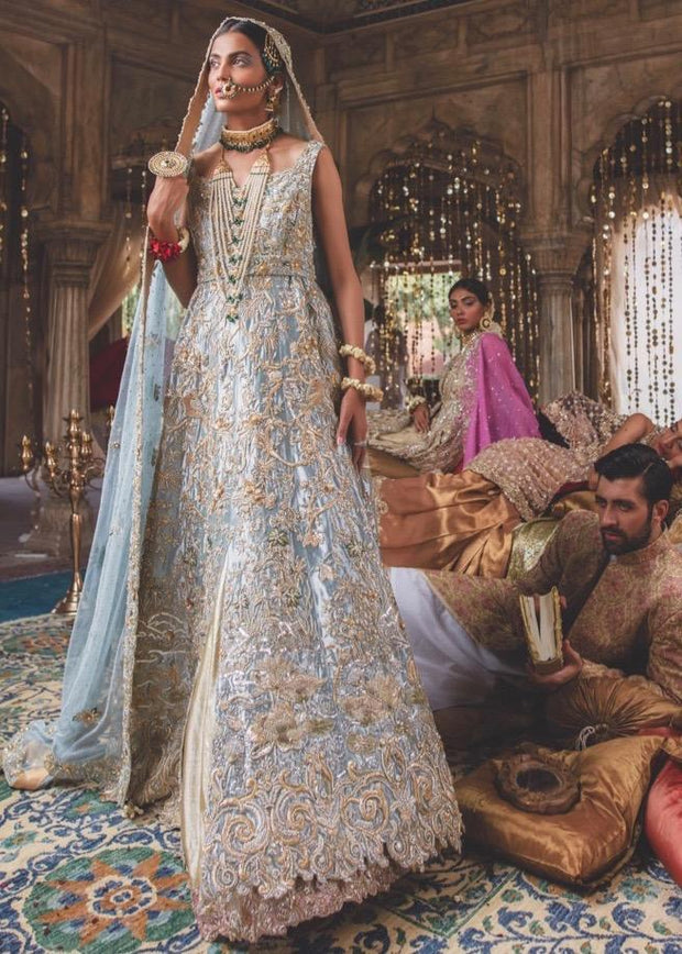 Latest Pakistani Ice Blue Bridal Lehnga For Wedding Nameera By Farooq 