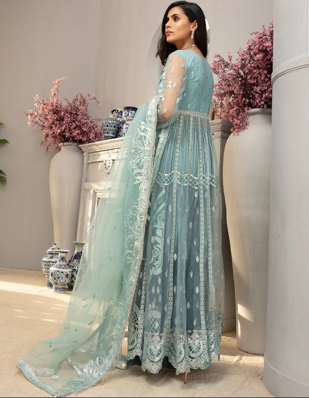 Buy Trendy Pakistani Maxi Dress In Light Turquoise Nameera By Farooq 