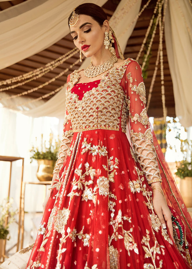 Long Trail Frock For Wedding In Red Color – Nameera By Farooq