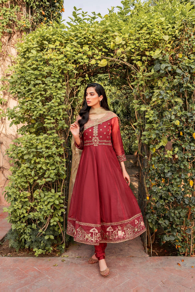 Maroon Embroidered Frock Churidar Pakistani Eid Dress Online – Nameera ...