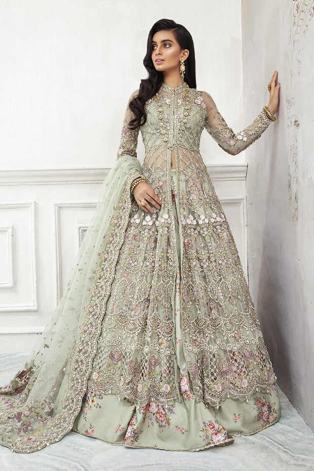 Mint Green Pakistani Dress In Elegant Gown Lehenga Style Nameera By Farooq 7324