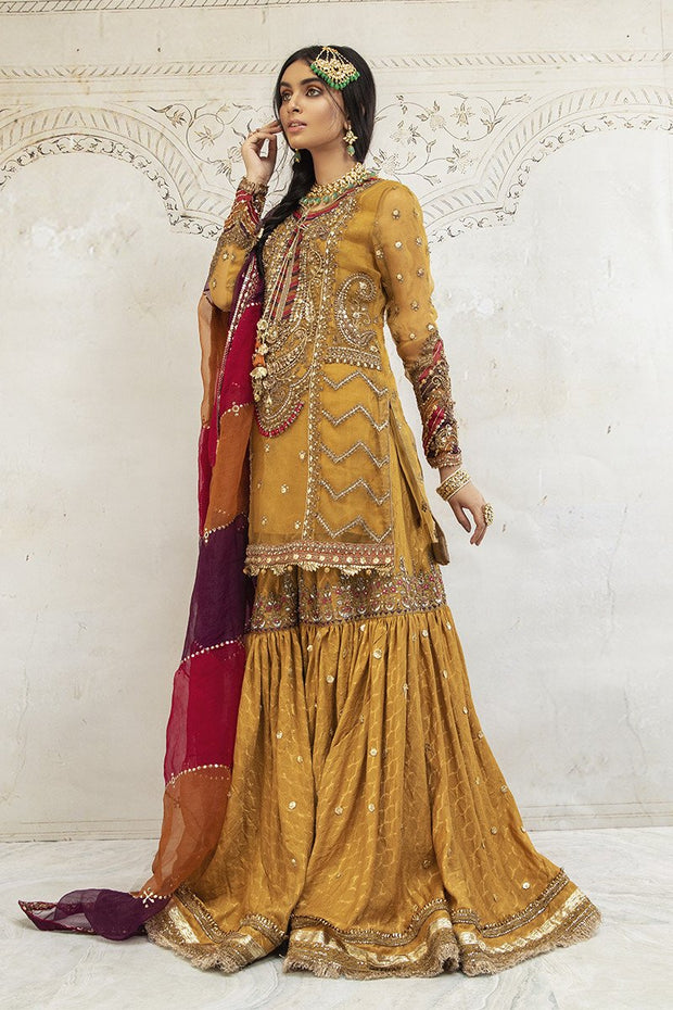 Pakistani Bridal Mehndi Gharara In Yellow Color With Dual Dupatta Nameera By Farooq 5301