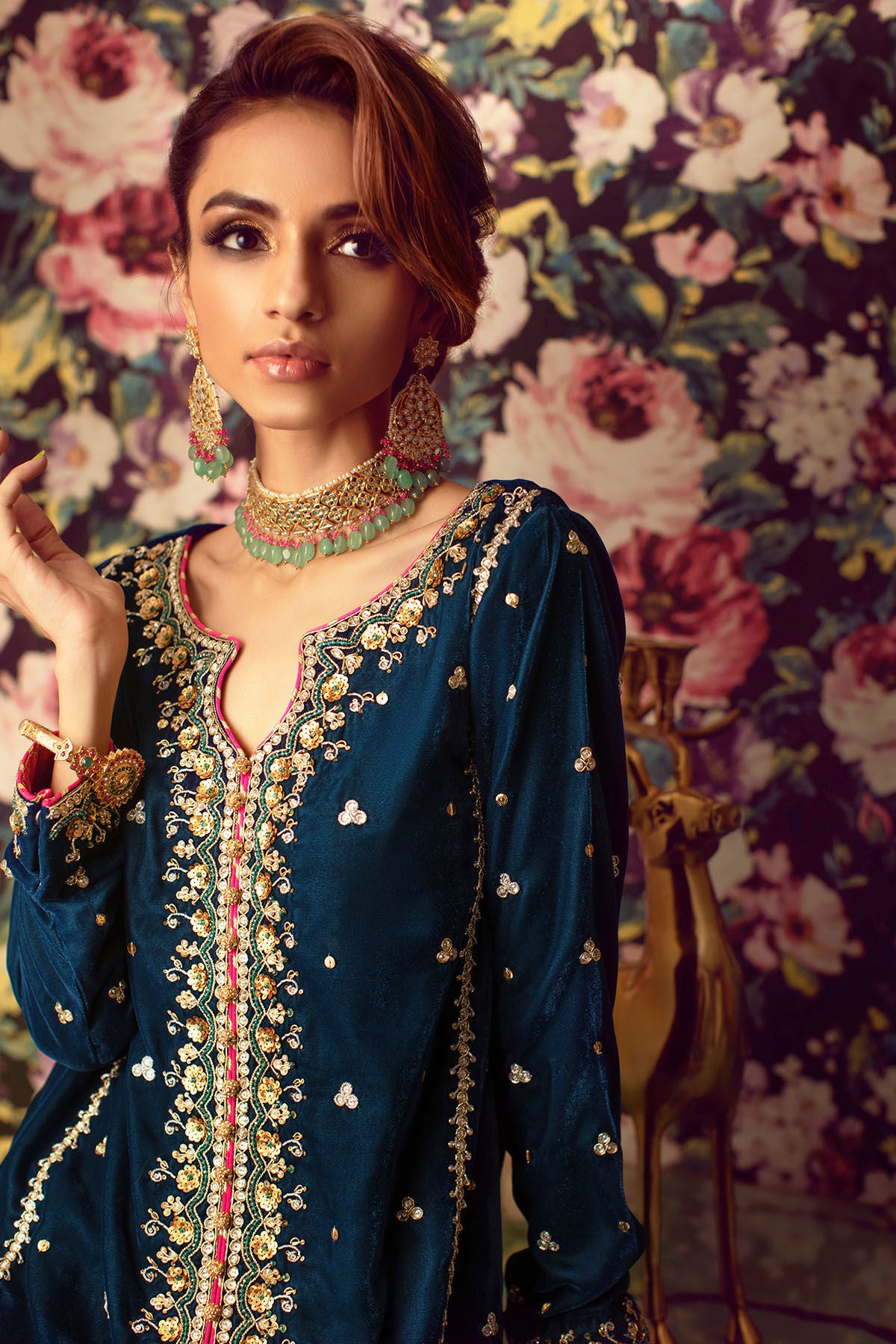 Navy Blue Velvet Pakistani Dress In Capri Kameez For Wedding Partyn Nameera By Farooq 