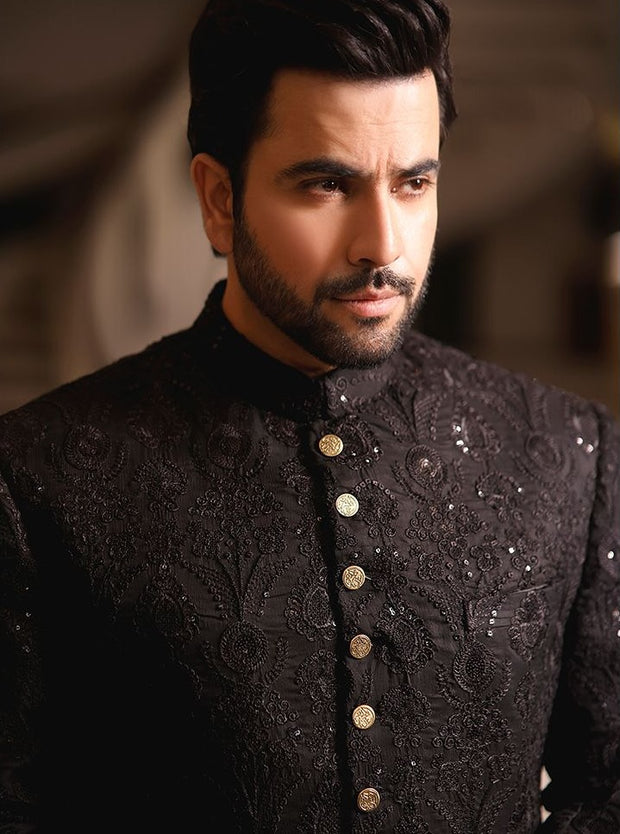 Pakistani Black Sherwani For Men Designer Dress For Wedding – Nameera By  Farooq
