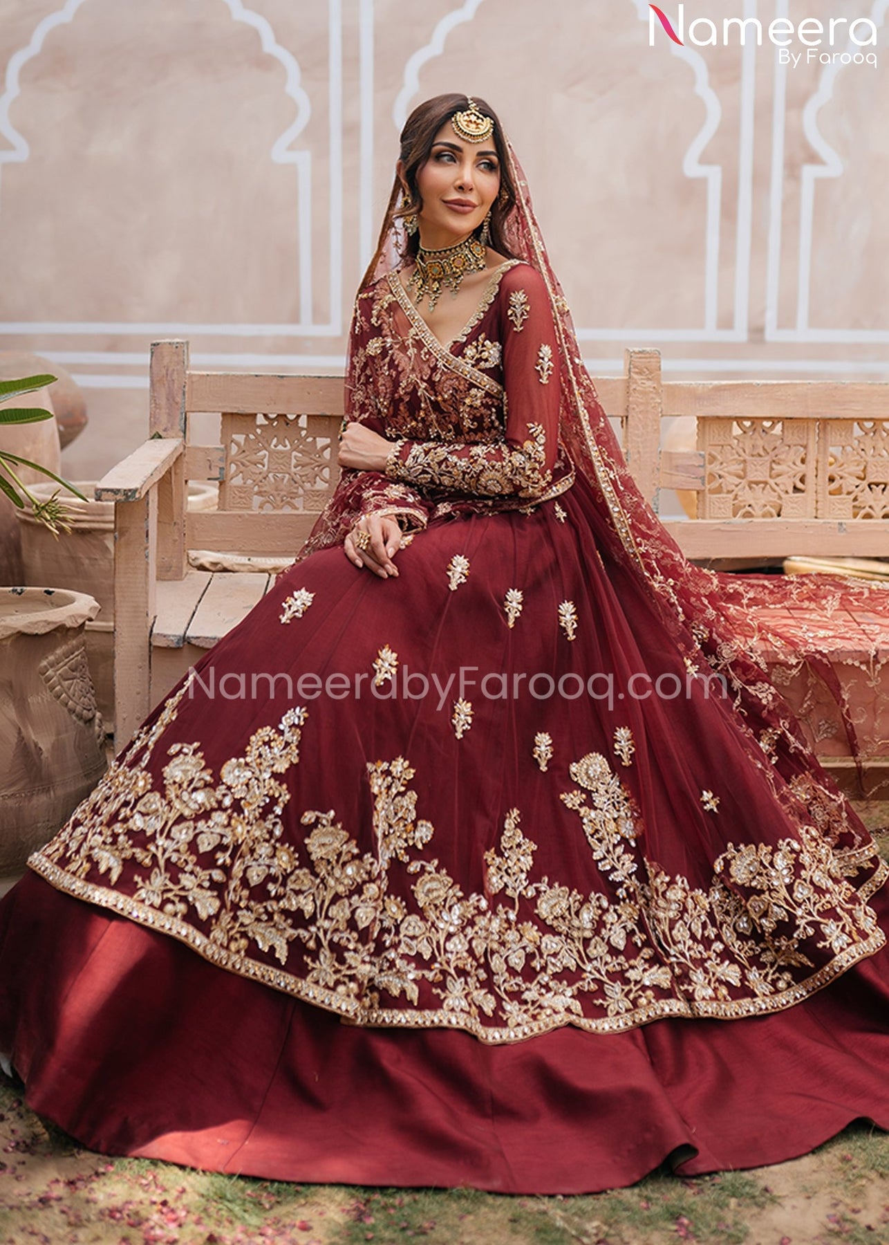 Pakistani Bridal Pishwas Dress In Classic Burgundy Color Nameera By Farooq 4409