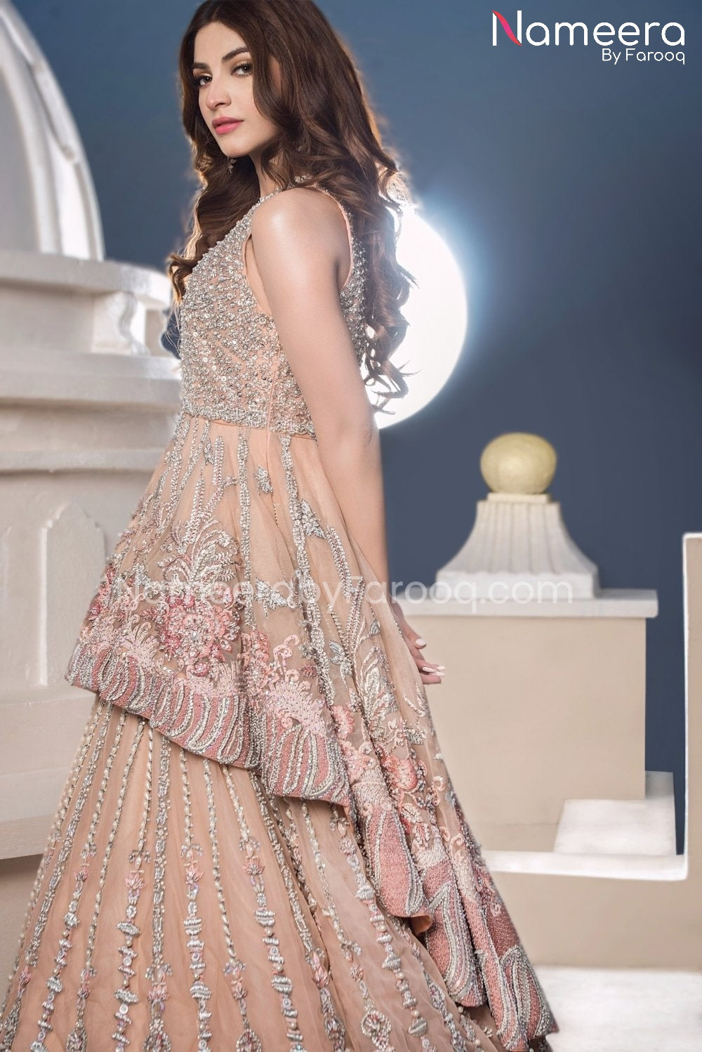 Latest Peplum Lehenga Peach Colour Dress Pakistani Online Nameera By Farooq 0995