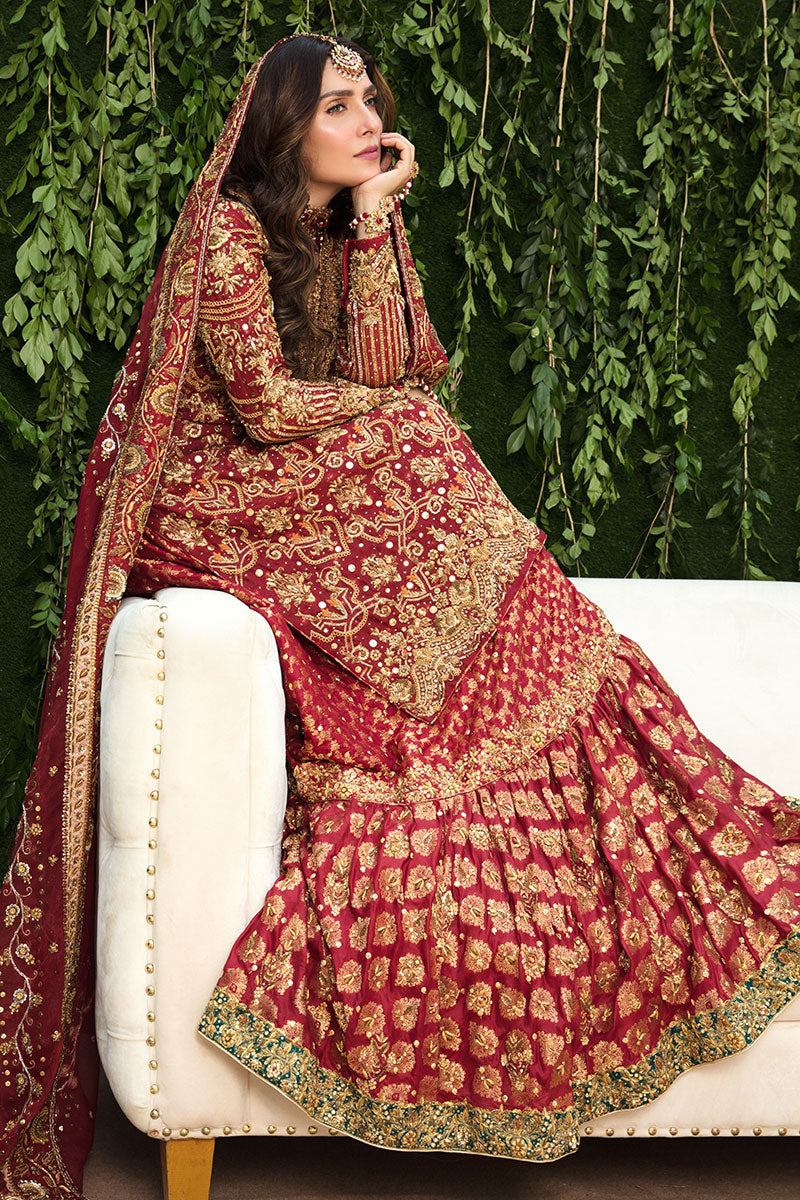 Pakistani Bridal Farshi Gharara In Red Color Nameera By Farooq 