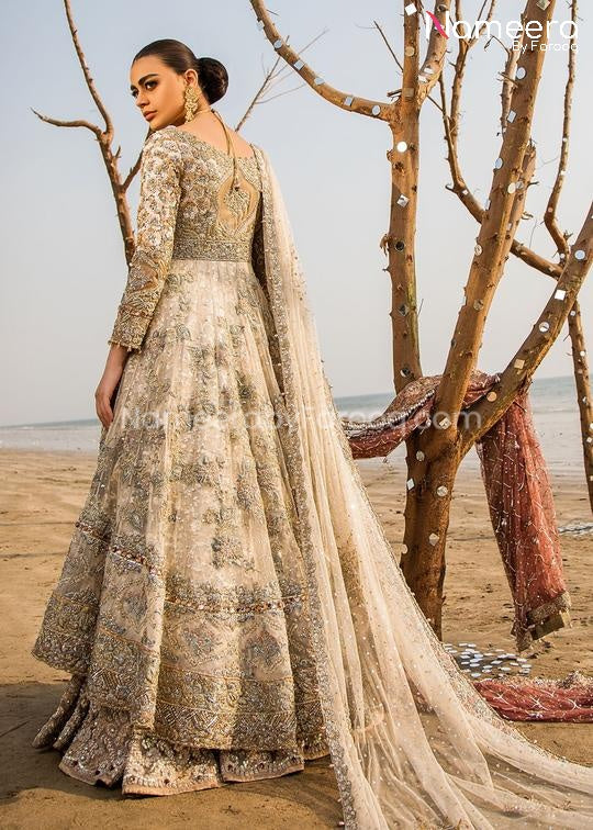 Embroidered Pakistani Bridal Frock With Lehenga In Gold – Nameera By Farooq