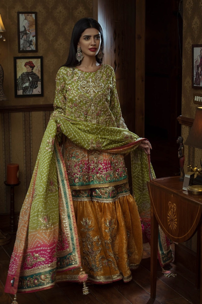 Pakistani Bridal Mehndi Gharara In Green Color Nameera By Farooq 4661