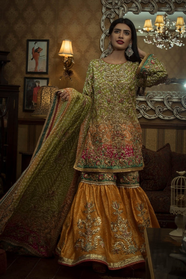 Pakistani Bridal Mehndi Gharara In Green Color Nameera By Farooq 8202