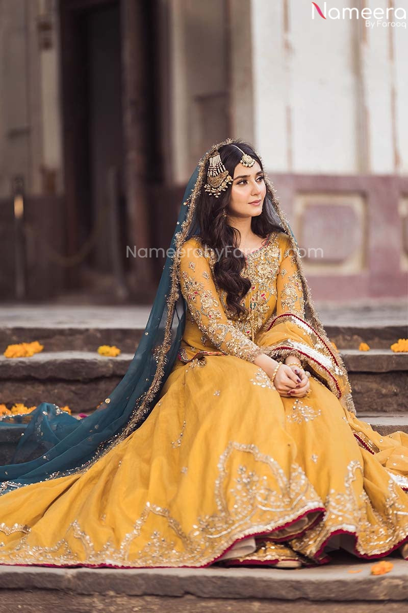 Pakistani Bridal Mehndi Gharara In Yellow Color With Dual Dupatta Nameera By Farooq 5167