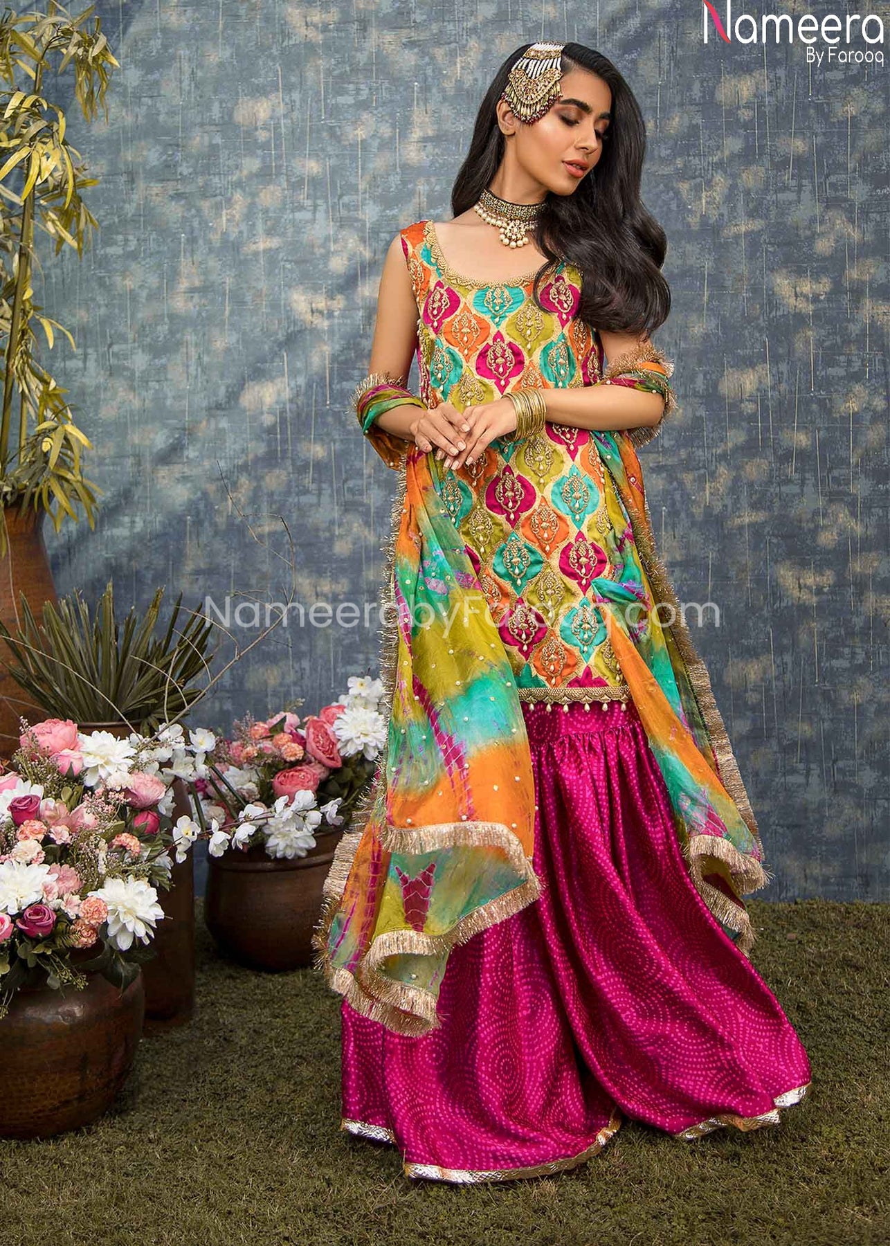 Pakistani Bridal Mehndi Gharara With Short Kurti Online 2021 Nameera By Farooq 8658