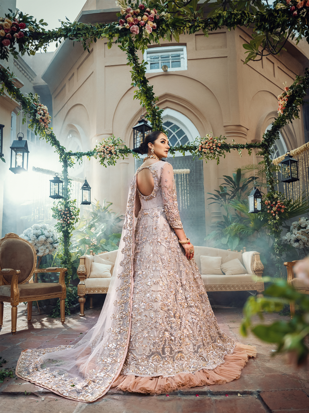 Elegant Pakistani Bridal Pishwas Lehenga Dress In Peach Color Nameera By Farooq 8150