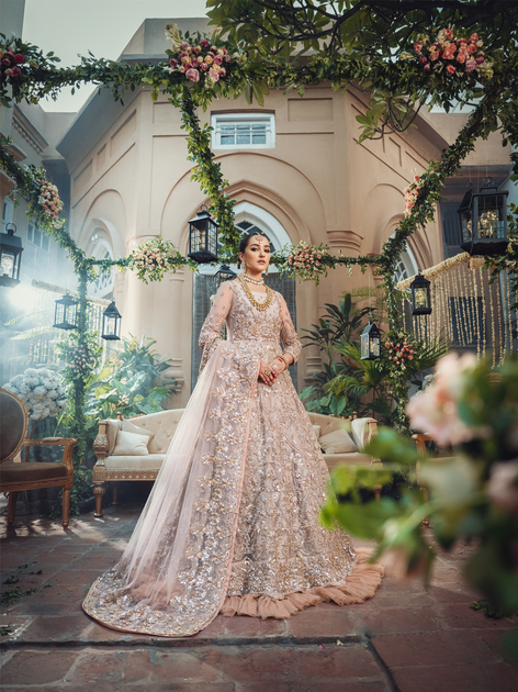 Elegant Pakistani Bridal Pishwas Lehenga Dress In Peach Color Nameera By Farooq 8353