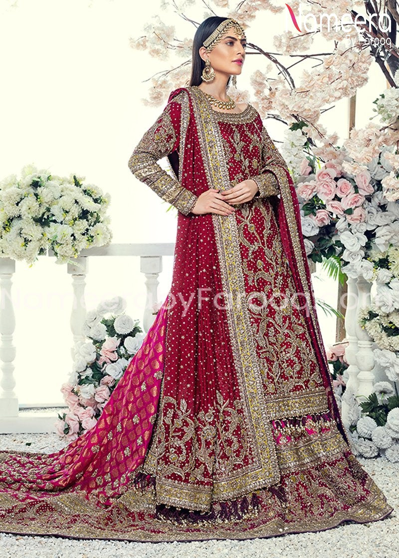 Buy Pakistani Bridal Red Trail Lehenga 2021 Online – Nameera by Farooq