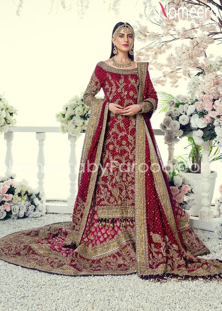 Buy Pakistani Bridal Red Trail Lehenga 2021 Online – Nameera by Farooq