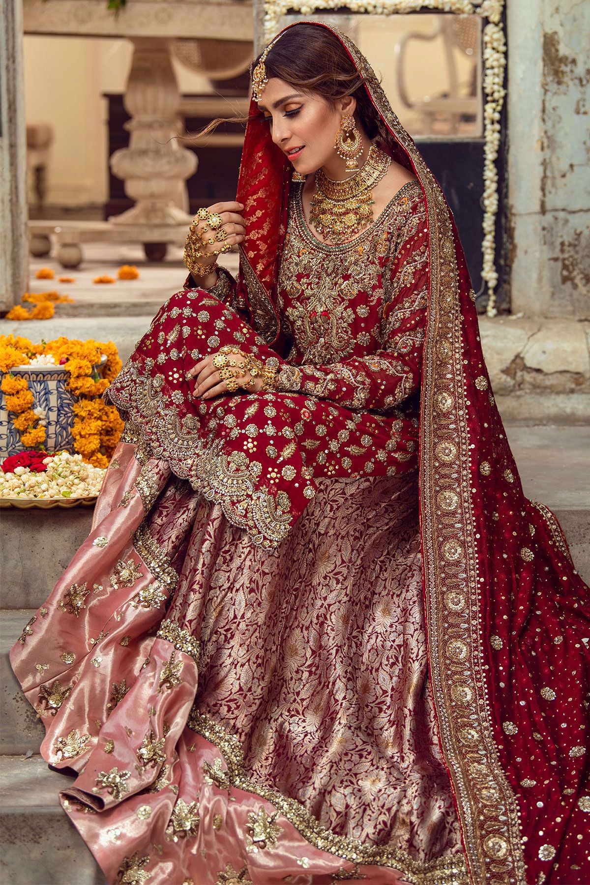 Pakistani Bridal Lehnga In Deep Maroon Color Nameera By Farooq 2058