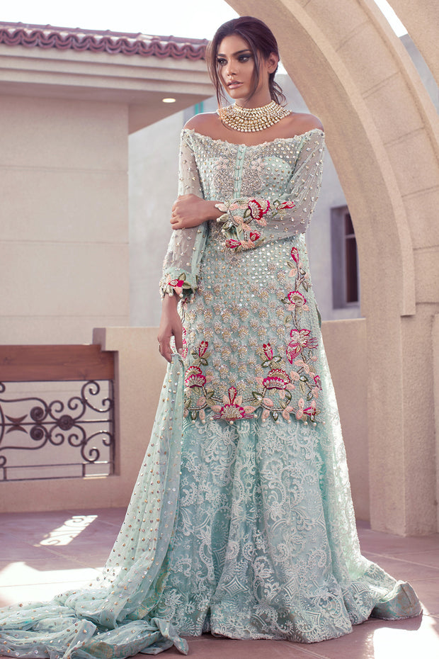 Pakistani Designer Net Lehnga In Turquoise Color Nameera By Farooq 