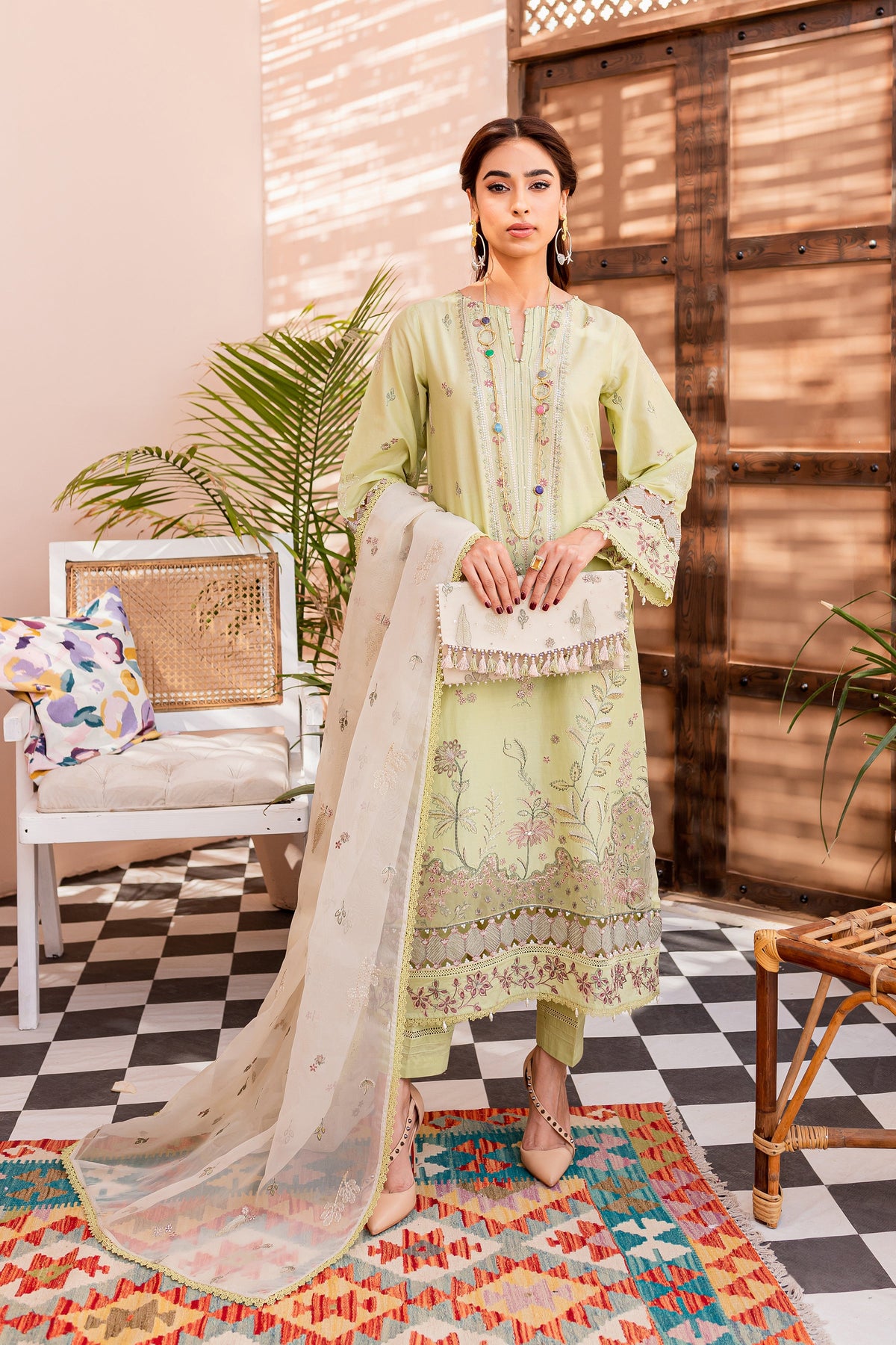 Pakistani Eid Dress in Green Lawn Kameez Trouser Style – Nameera by Farooq