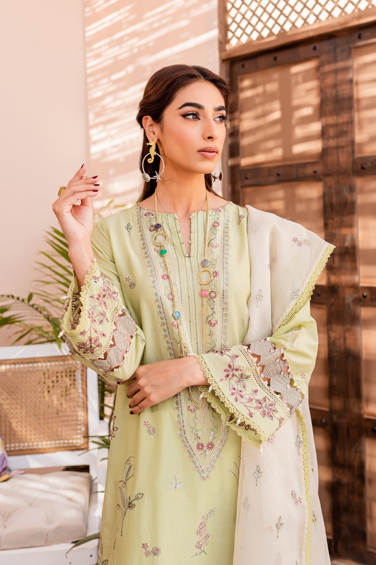 Pakistani Eid Dress in Green Lawn Kameez Trouser Style – Nameera by Farooq