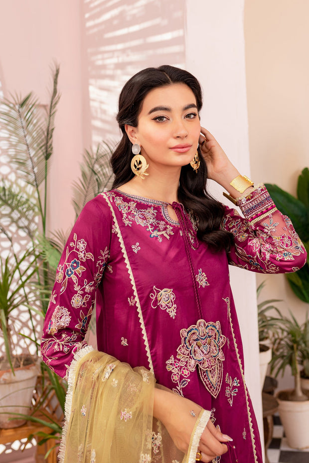 Pakistani Eid Dress in Magenta Kameez Sharara Style Nameera by Farooq