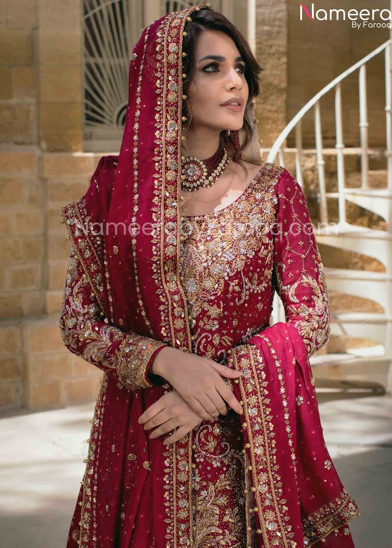 Pakistani Embellished Red Bridal Sharara Dress Online 2021 Nameera By Farooq 6590